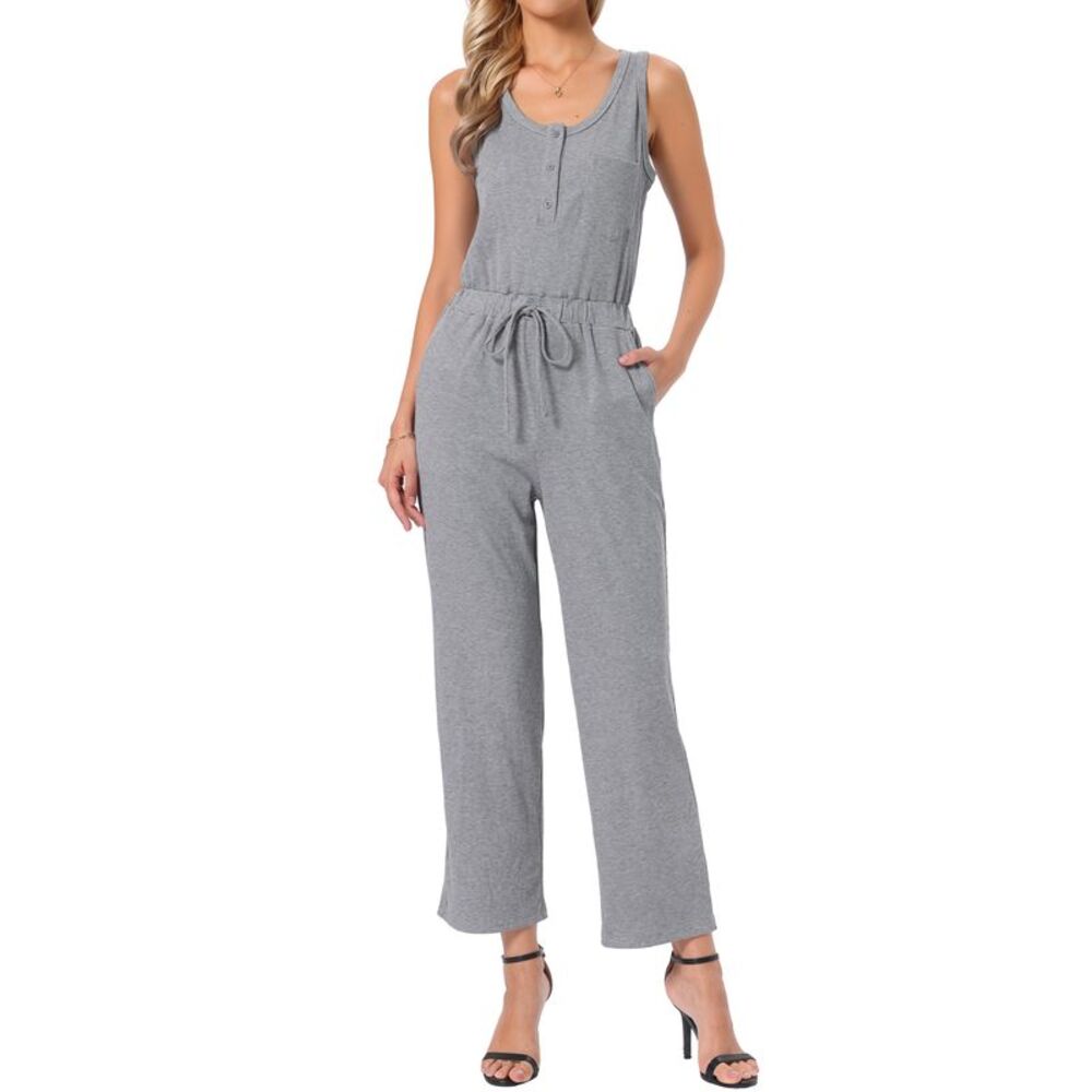Women Sleeveless Romper Wide Leg Pants Knit Outfits Jumpsuits Gray